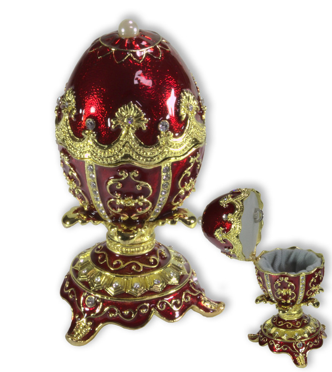 Schmuck- Ei Rot mit Ornamenten nach Faberge-Art aus emailliertem Metall