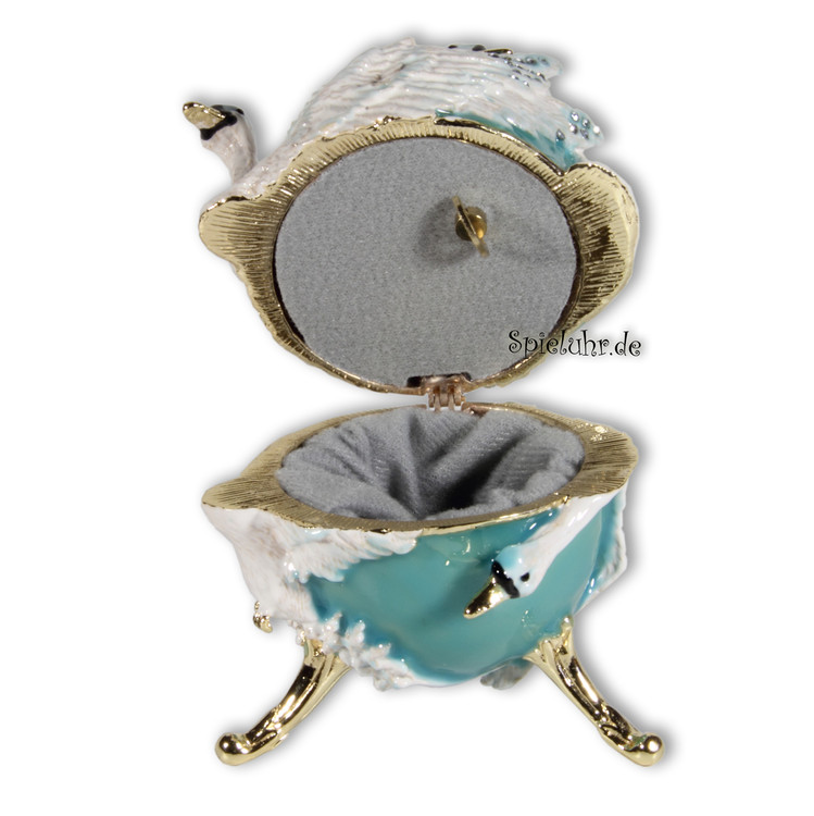 Schmuck Ei t�rkis mit wei�en Schw�nen und Spieluhr nach Faberge-Art aus emailiertem Metall