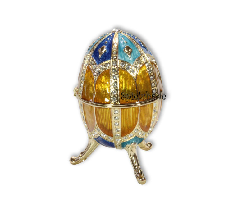 Spieluhren-Schmuck-Ei blau und goldfarben mit Spieluhr nach Faberge-Art aus emailiertem Metall