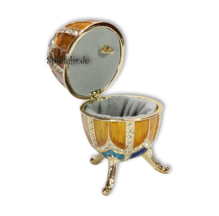 Spieluhren-Schmuck-Ei blau und goldfarben mit Spieluhr nach Faberge-Art aus emailiertem Metall