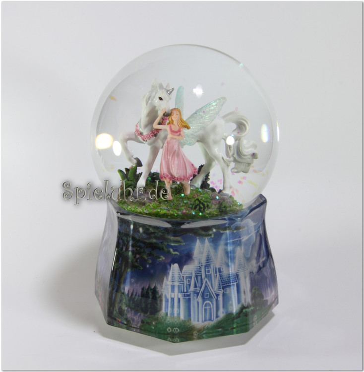 Spieluhr Schneekugel mit Einhorn, Elfe