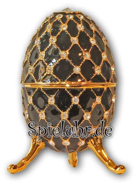 Schmuck- Ei Schwarz mit Spieluhr nach Faberge-Art aus emailiertem Metall