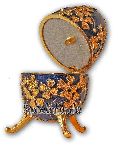 Schmuck-Ei-Blau mit Spieluhr nach Faberge-Art aus emailiertem Metall