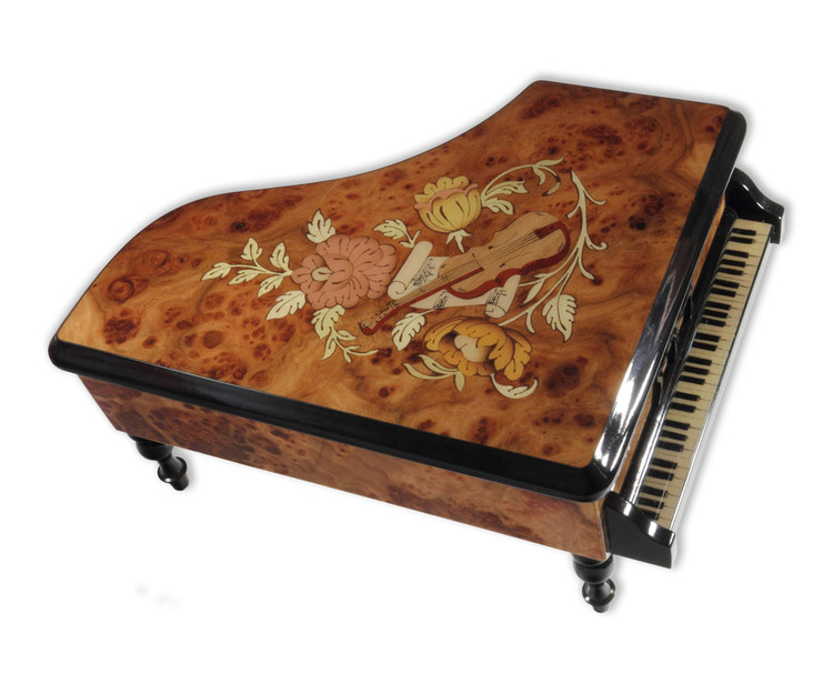 Gro�er Holz Fl�gel mit Instrumenten Intarsie, Spieluhr Melodie w�hlbar 18 T�ne 