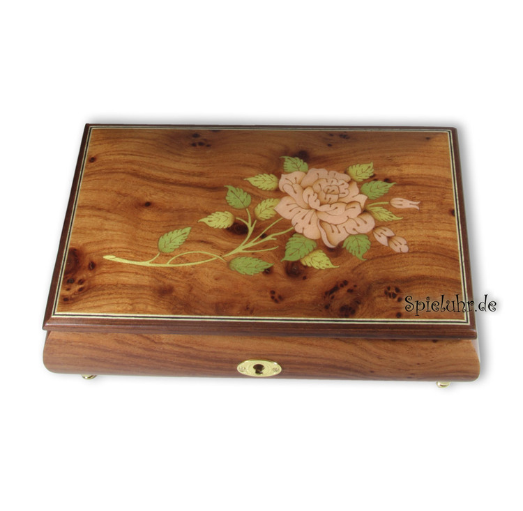 Schmuckschatulle mit Holzeinlegearbeit Rosen-Motiv, 18 T�ne w�hlbarer Spieluhren Melodie 