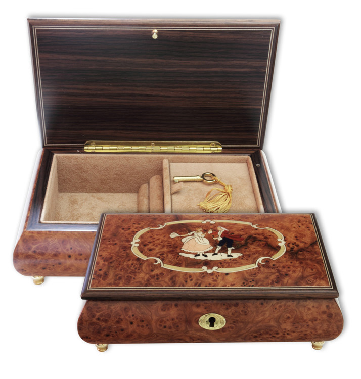 Schmuck Schatulle Intarsie Barockes T�nzerpaar, Spieluhr Melodie w�hlbar 18 T�ne 