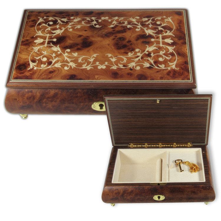 Schmuckschatulle Intarsien Motiv Arabesque-Ranken, Spieluhr Melodie w�hlbar 18 T�ne 