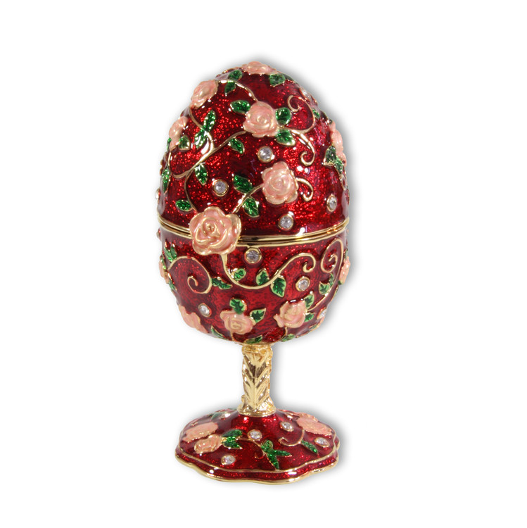 Schmuck- Ei Rot mit Rosen und Spieluhr nach Faberge-Art aus emailliertem Metall